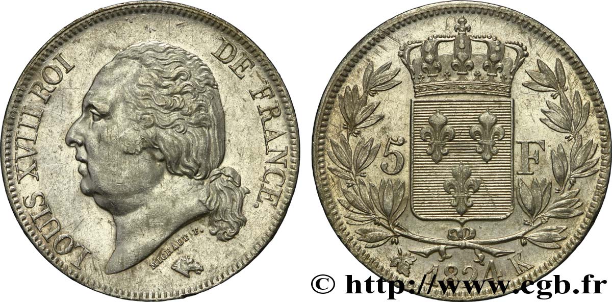 5 francs Louis XVIII, tête nue 1824 Bordeaux F.309/93 TTB50 