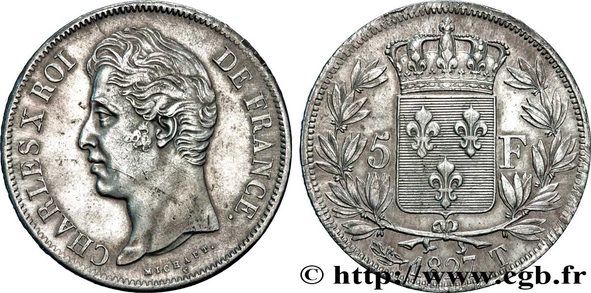 5 francs Charles X, 2e type 1827 Nantes F.311/12 TTB48 