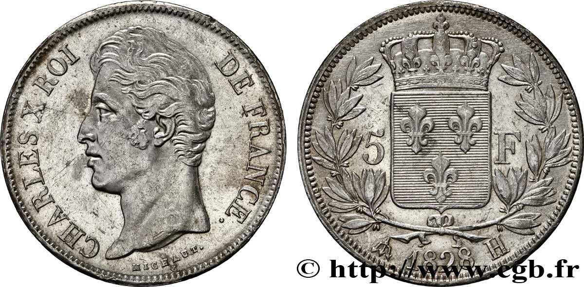 5 francs Charles X, 2e type 1828 La Rochelle F.311/18 AU53 