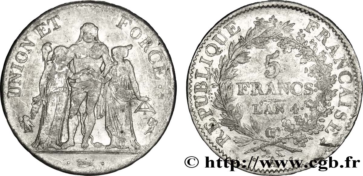 5 francs Union et Force, Union serré, avec glands, listel par virole 1796 Paris F.287/1 VF38 