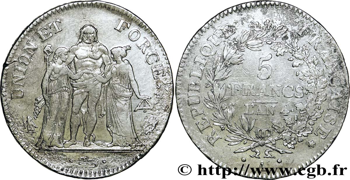 5 francs Union et Force, Union serré, avec glands intérieurs et gland extérieur 1796 Paris F.288/2 TTB50