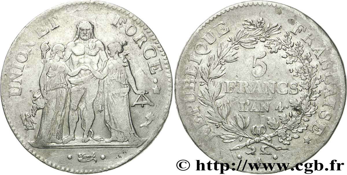 5 francs Union et Force, Union serré, avec glands intérieurs et gland extérieur 1796 Paris F.288/2 TB35