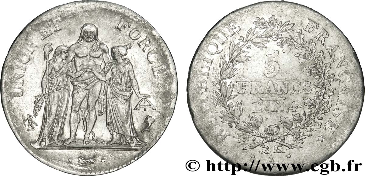 5 francs Union et Force, Union serré, avec glands intérieurs et gland extérieur 1796 Paris F.288/2 TB35