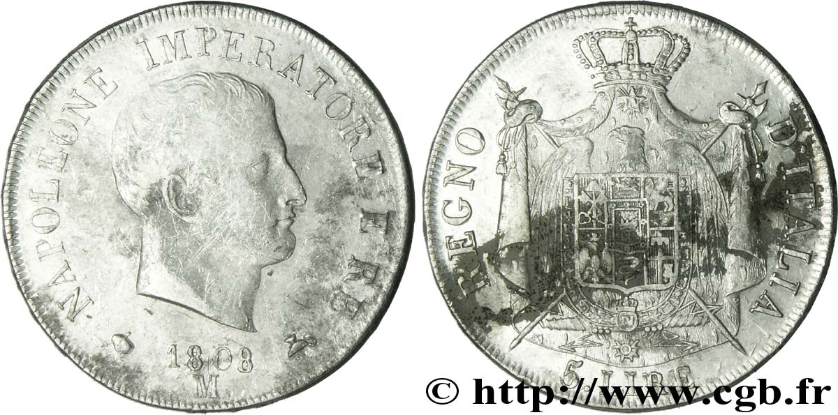 5 lire Napoléon Empereur et Roi d’Italie, 1er type, tranche en relief 1808 Milan M.218  BB50 
