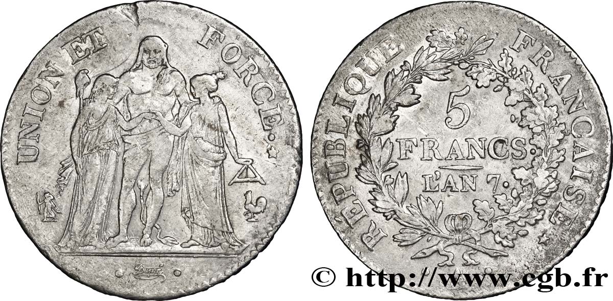 5 francs Union et Force, Union serré, avec glands intérieurs et gland extérieur 1799 Paris F.288/95 MBC48 