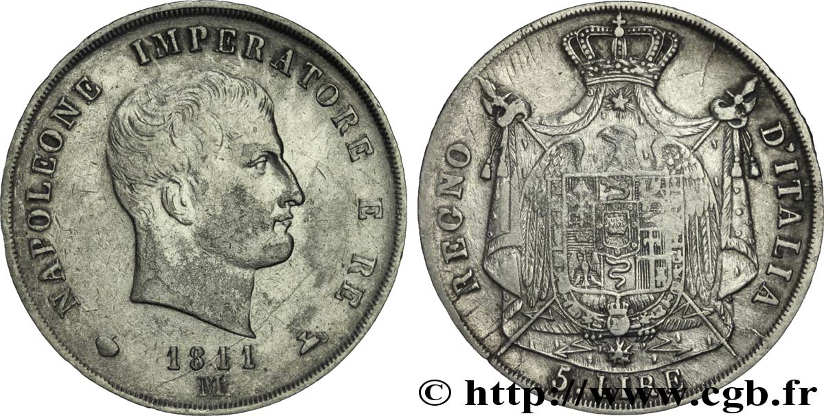 5 lire Napoléon Empereur et Roi d’Italie, 2ème type, tranche en creux 1811 Milan M.224  TB35 
