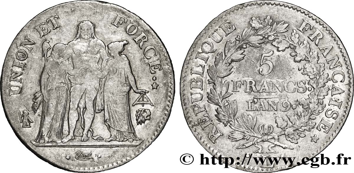 5 francs Union et Force, Union serré, avec glands intérieurs et gland extérieur 1801 Bayonne F.288/161 VF35 
