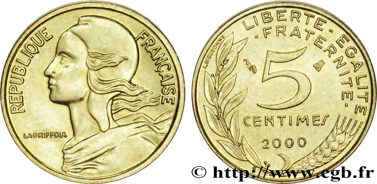 5 centimes Marianne, BU (Brillant Universel) 2000 Pessac F.125/44 MS64