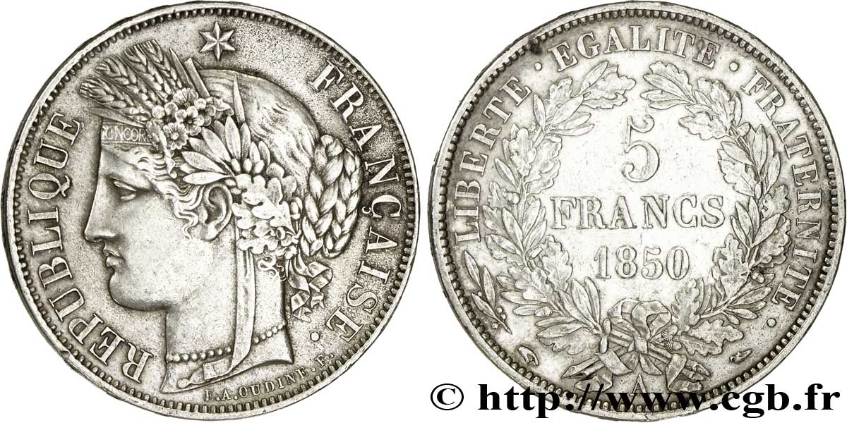 5 francs Cérès, IIe République 1850 Paris F.327/4 TTB50