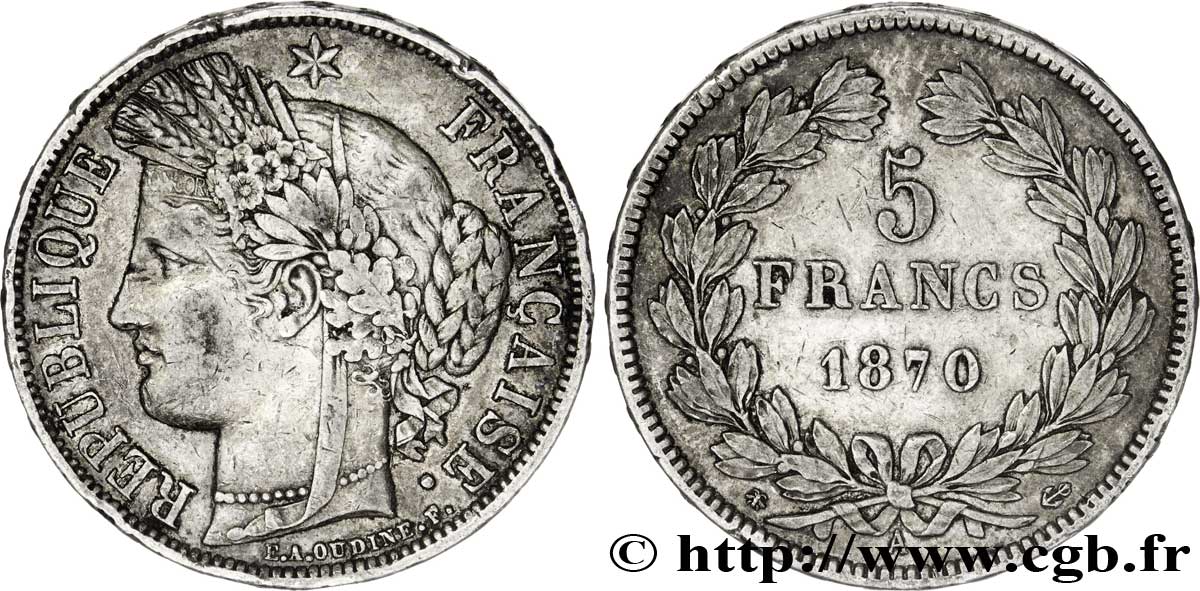 5 francs Cérès, sans légende 1870 Paris F.332/1 TTB40