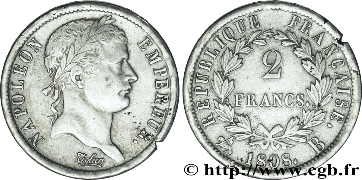 2 francs Napoléon Ier tête laurée, République française 1808 Rouen F.254/5 AU50 