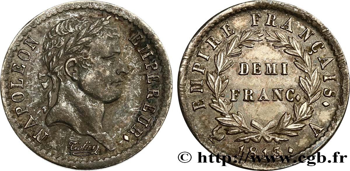 Demi-franc Napoléon Ier tête laurée, Empire français 1813 Paris F.178/49 AU58 