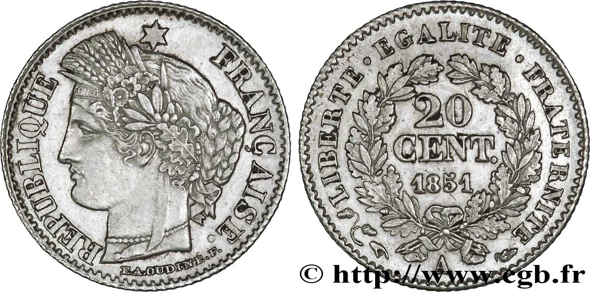 20 centimes Cérès, IIe République 1851 Paris F.146/7 AU58 
