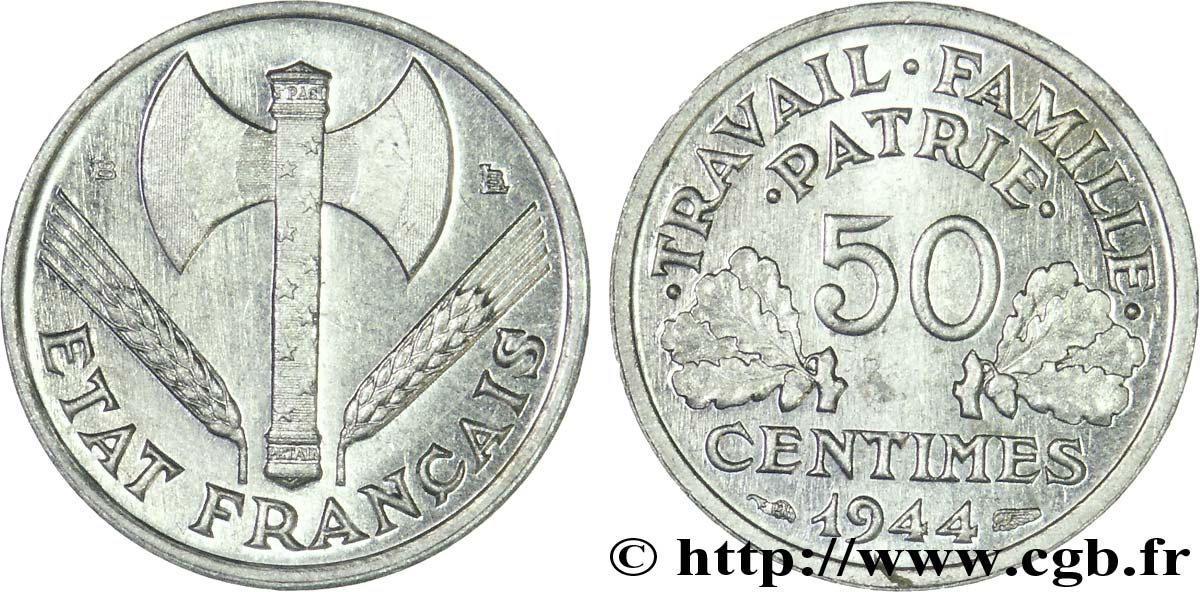 50 centimes Francisque, légère 1944 Beaumont-Le-Roger F.196/5 SPL63 