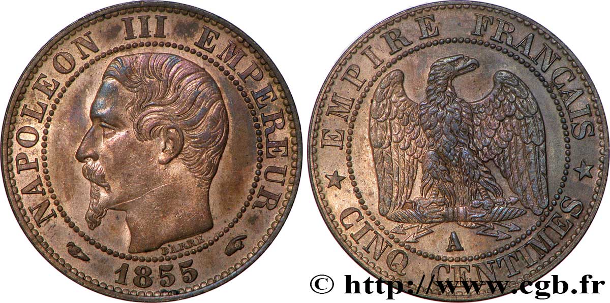 Cinq centimes Napoléon III, tête nue 1855 Paris F.116/16 SUP59 