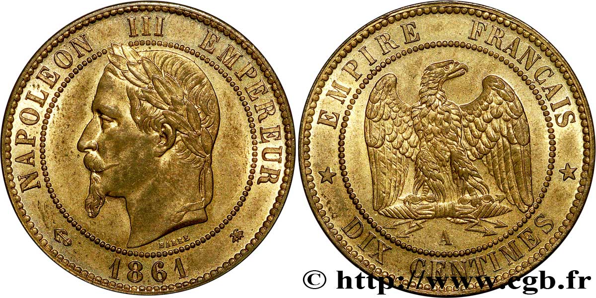 Dix centimes Napoléon III, tête laurée 1861 Paris F.134/4 SUP62 
