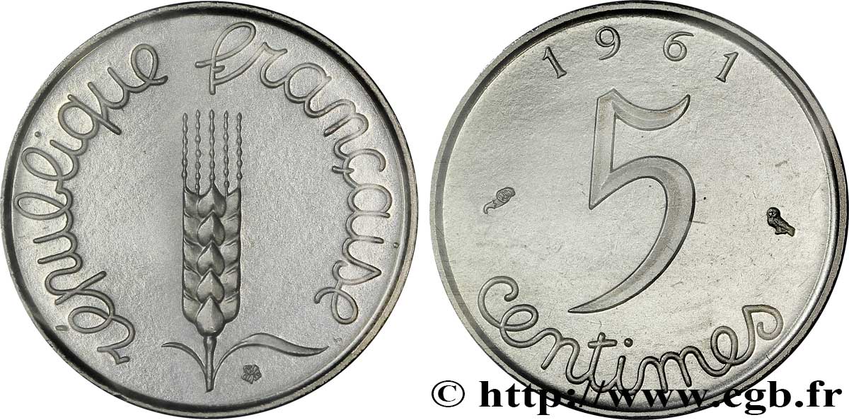 Piéfort acier de 5 centimes Épi 1961 Paris F.124/3P MS67