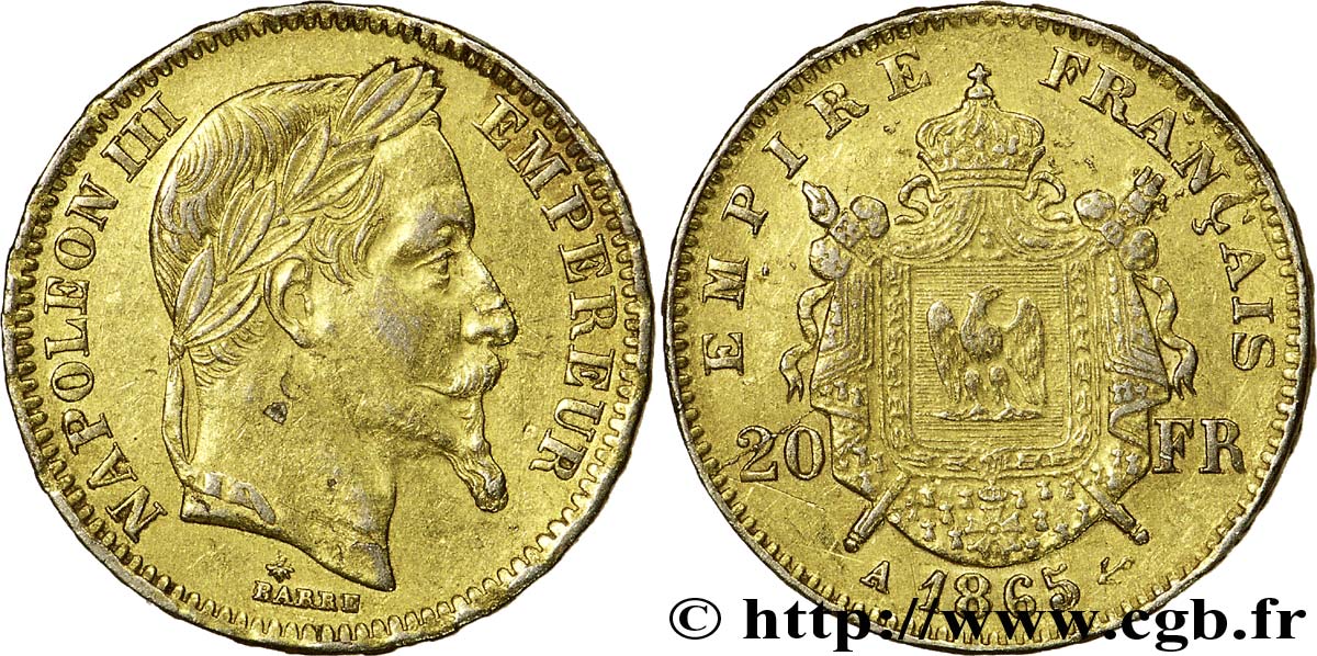 Faux de 20 francs Napoléon III, tête laurée 1865 Paris F.532/11 TTB52 