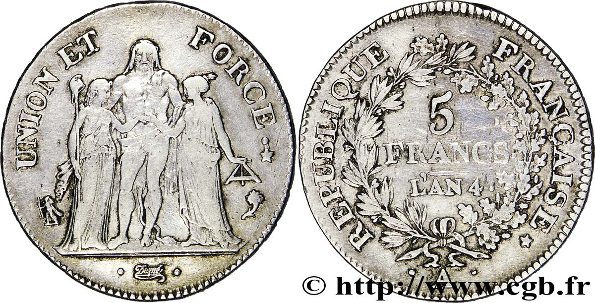 5 francs Union et Force, Union serré, avec glands intérieurs et gland extérieur 1796 Paris F.288/1 TTB40