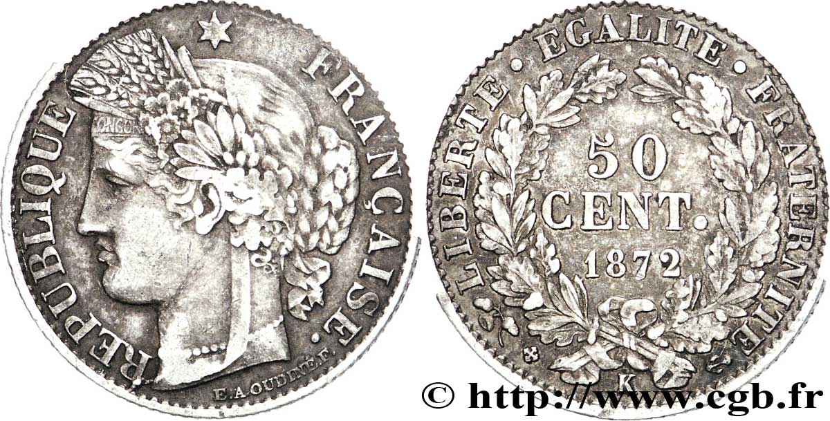 50 centimes Cérès, IIIe République 1872 Bordeaux F.189/4 VF38 