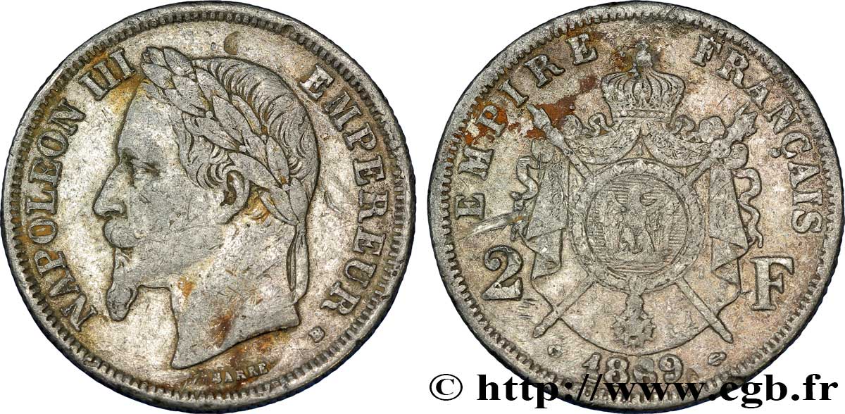 Faux de 2 francs Napoléon III, tête laurée 1869 Strasbourg F.263/11 var. XF40