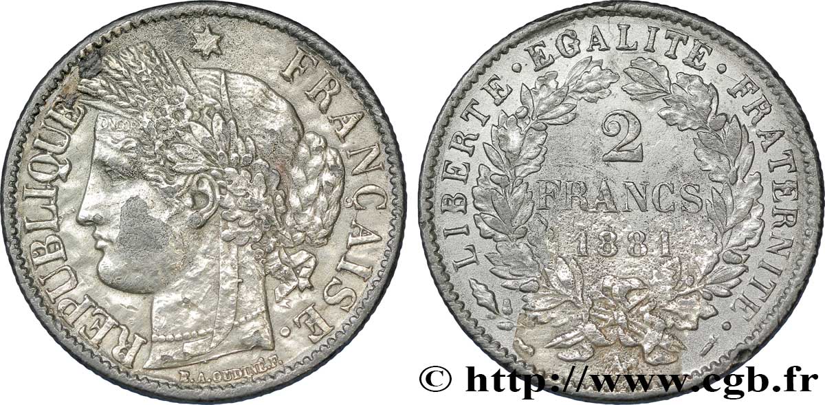 Faux de 2 francs Cérès, avec légende 1881 Paris F.265/12 var. G