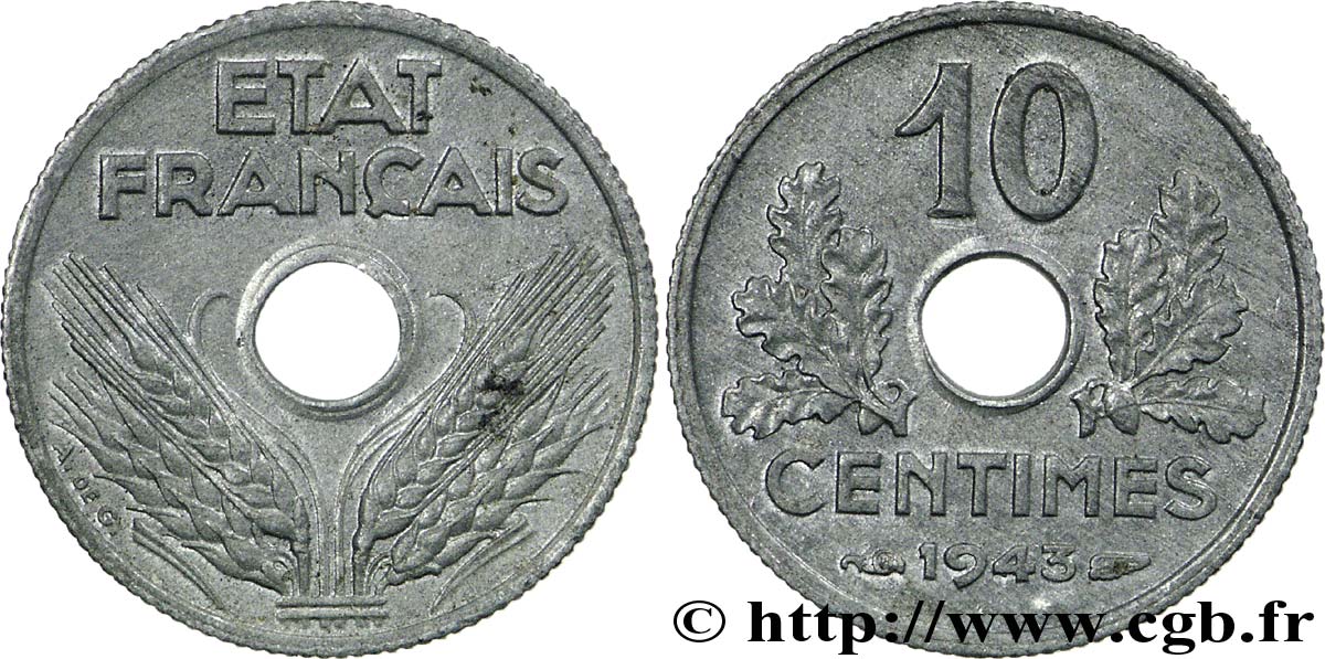 10 centimes État français, petit module 1943  F.142/2 SUP58 