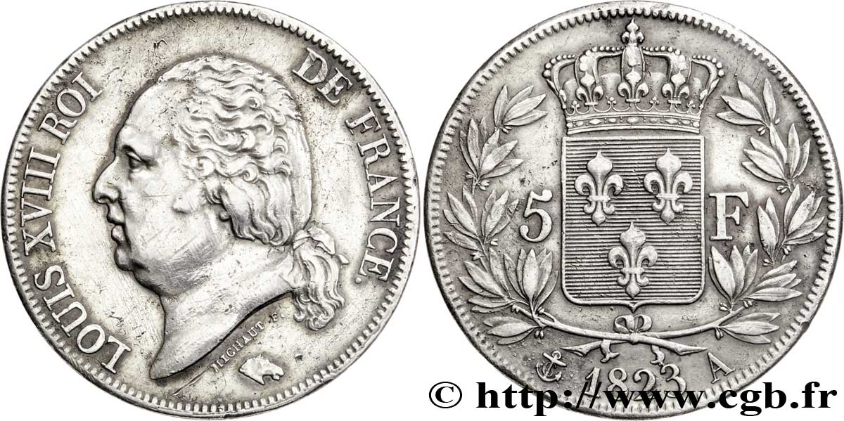 5 francs Louis XVIII, tête nue 1823 Paris F.309/76 TTB50