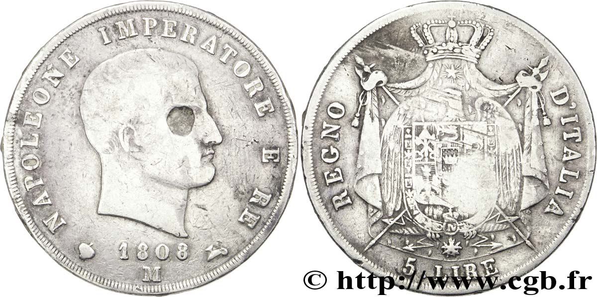 5 lire Napoléon Empereur et Roi d’Italie, 2ème type, tranche en creux 1808 Milan M.219  B12 