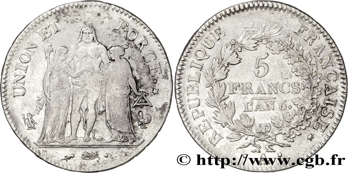 5 francs Union et Force, Union serré, glands intérieurs, gland extérieur, petite feuille 1798 Paris F.288/33 VF30 