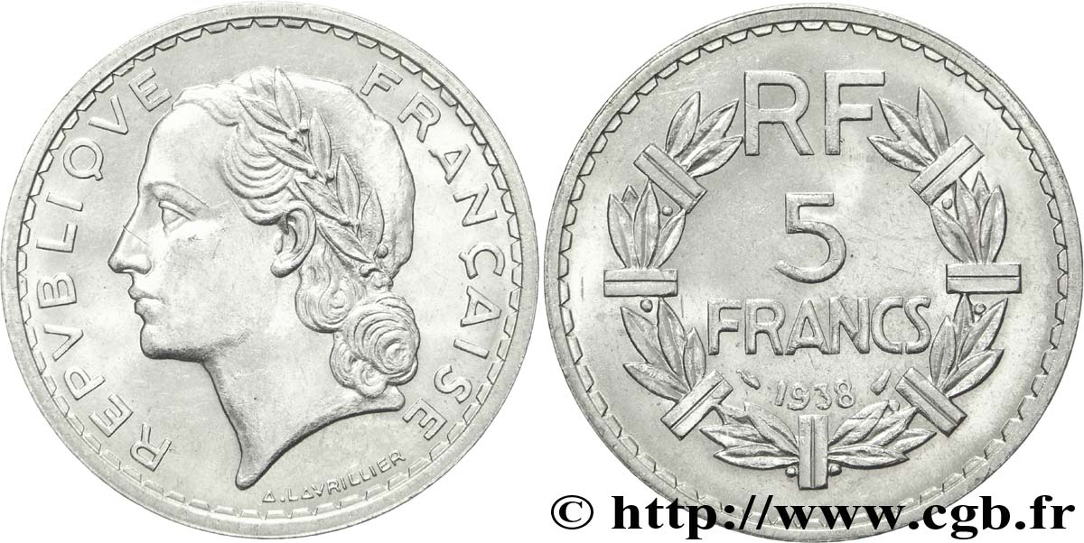 5 francs Lavrillier, nickel 1938  F.336/7 SUP59 