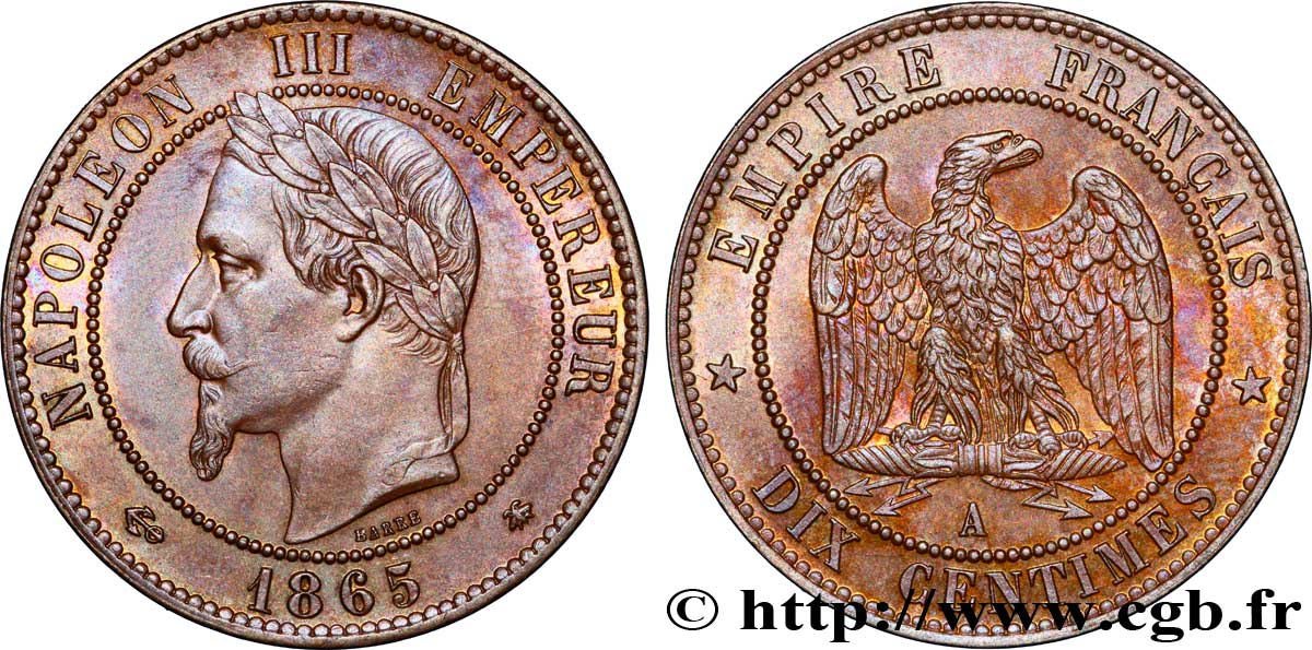 Dix centimes Napoléon III, tête laurée 1865 Paris F.134/16 VZ62 