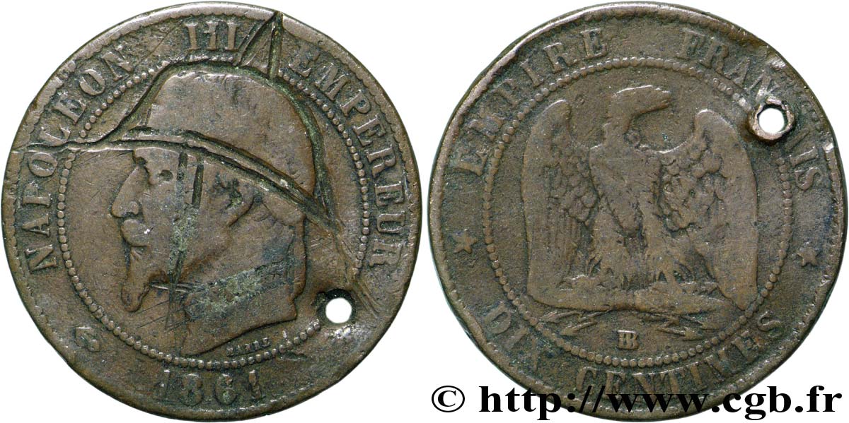 Dix centimes Napoléon III, tête laurée, satirique 1861 Strasbourg F.134/ (pour le type) B12