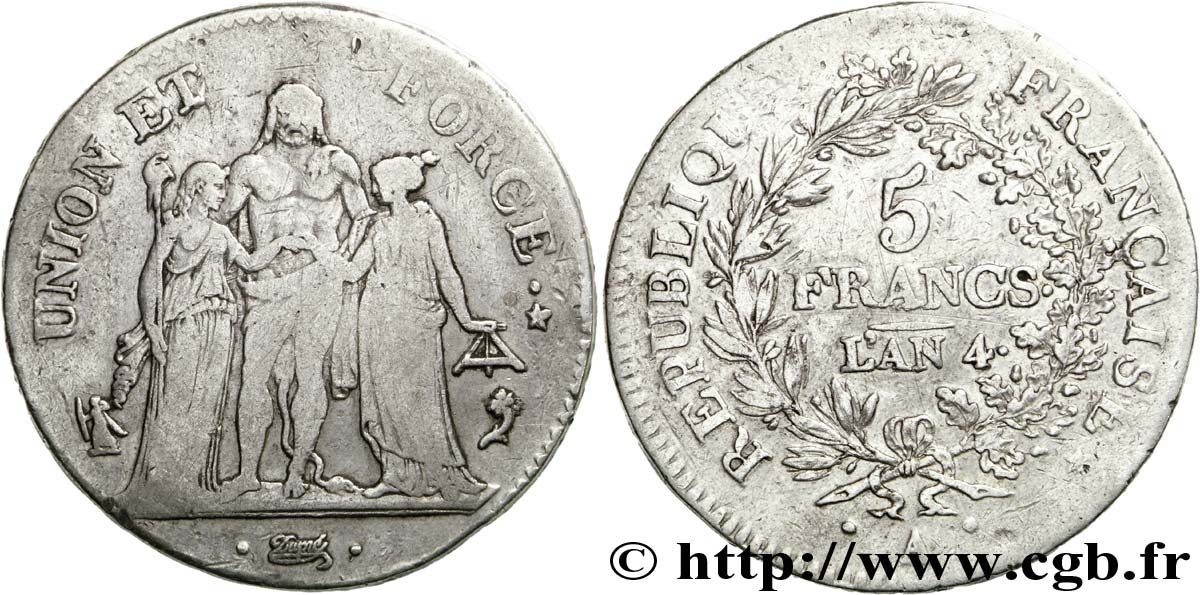 5 francs Union et Force, Union serré, avec glands intérieurs et gland extérieur 1796 Paris F.288/1 TB35