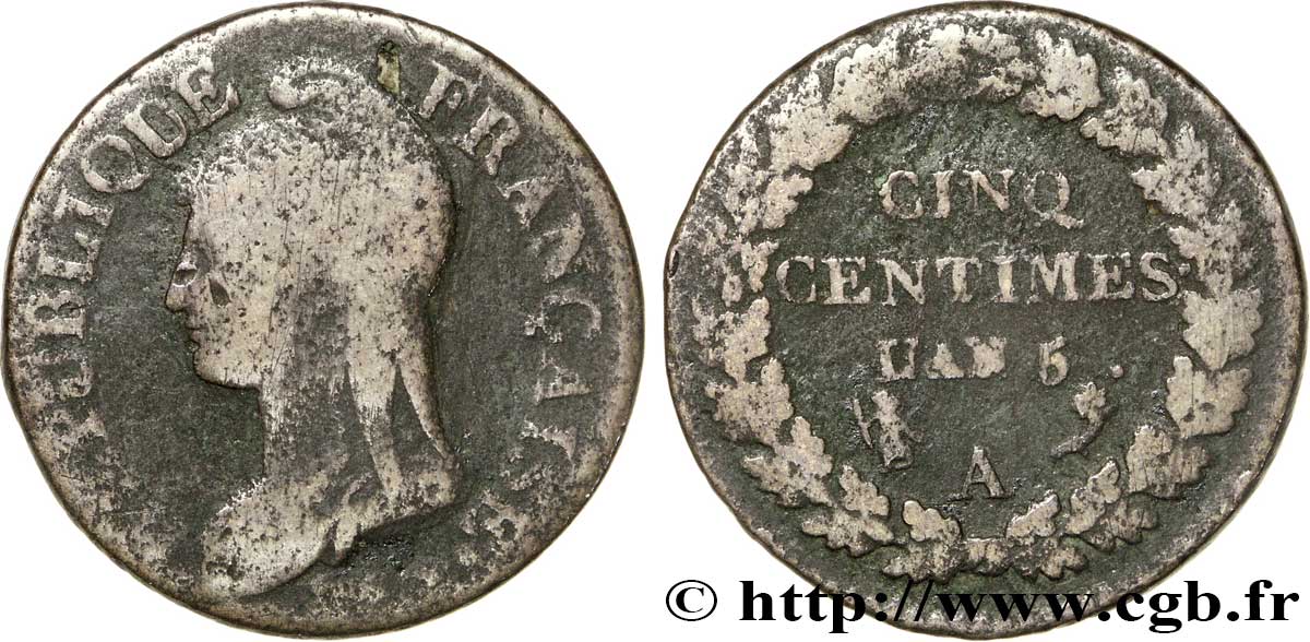 Cinq centimes Dupré, grand module 1797 Paris F.115/1 B12 
