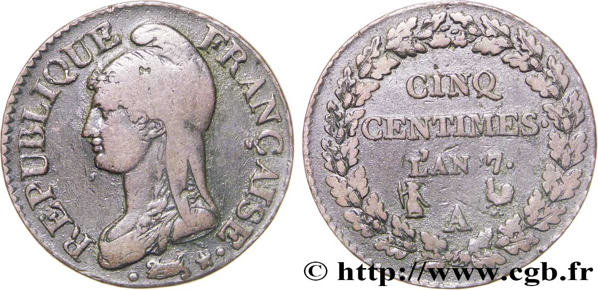 Cinq centimes Dupré, grand module 1799 Paris F.115/44 TB35