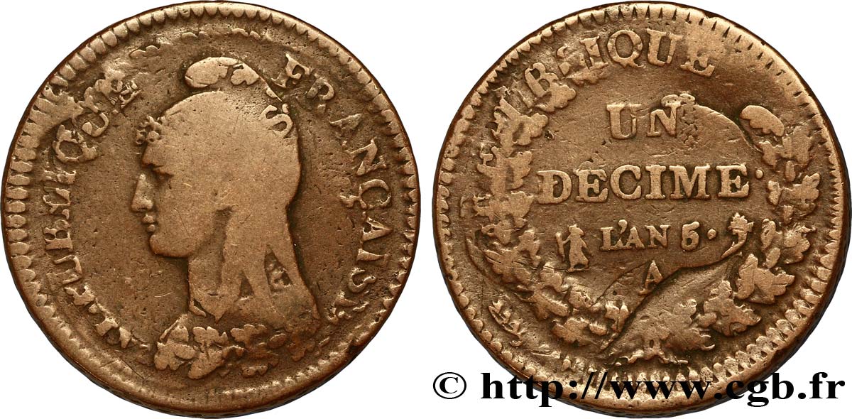 Un décime Dupré, grand module, refrappage du 2 décimes 1797 Paris F.128/1 TB20
