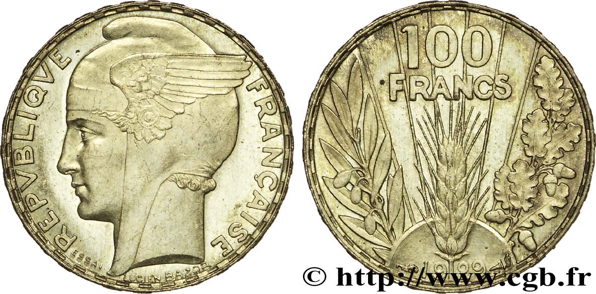 Concours de 100 francs or, essai de Bazor en bronze-aluminium 1929 Paris VG.5216 var. SPL63 