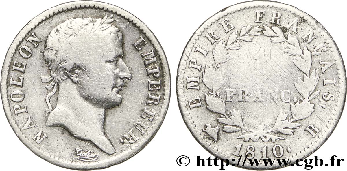 1 franc Napoléon Ier tête laurée, Empire français 1810 Rouen F.205/14 TB23 