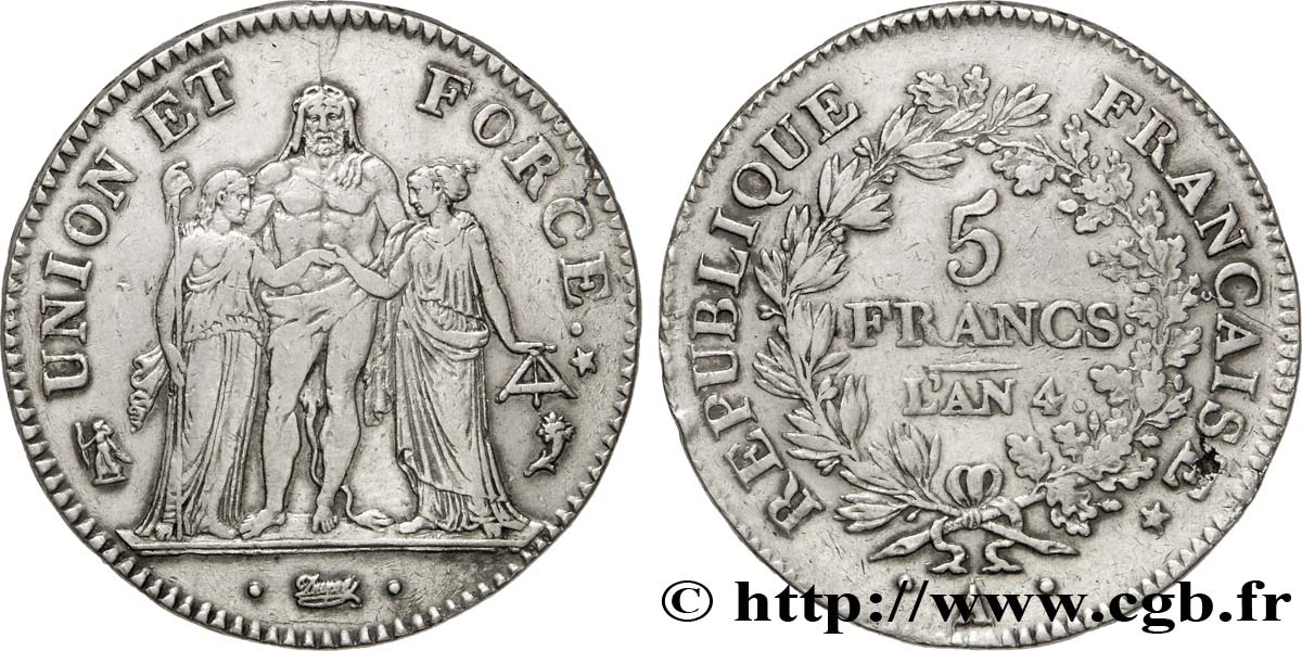 5 francs Union et Force, Union desserré, avec glands intérieurs et gland extérieur 1796 Paris F.291/1 XF48 