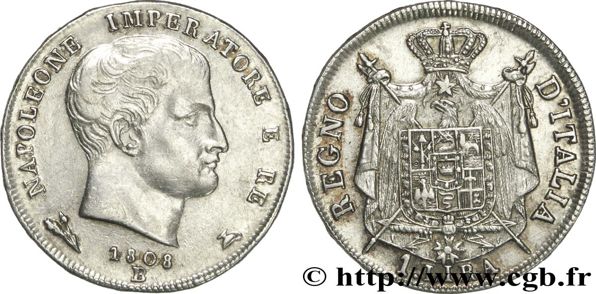 1 lira Napoléon Empereur et Roi d’Italie, étoiles en relief sur la tranche 1808 Bologne M.93 AU50