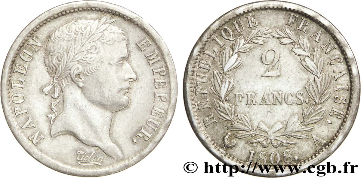 2 francs Napoléon Ier tête laurée, République française 1808 Paris F.254/4 TTB54 