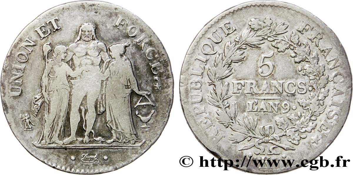 5 francs Union et Force, Union serré, avec glands intérieurs et gland extérieur 1801 Bordeaux F.288/159 TB35 
