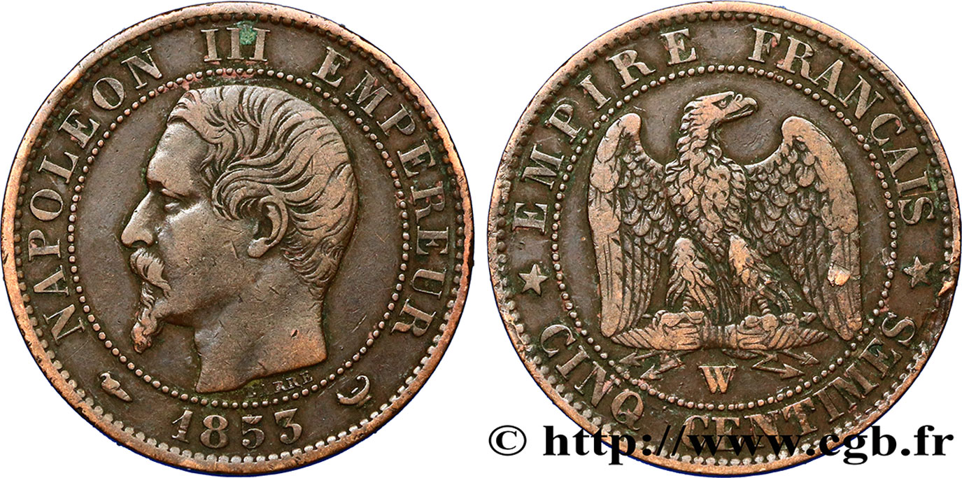 Cinq centimes Napoléon III, tête nue 1853 Lille F.116/7 TTB40 