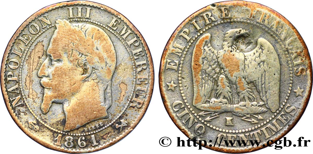 Cinq centimes Napoléon III, tête laurée 1861 Bordeaux F.117/6 B12