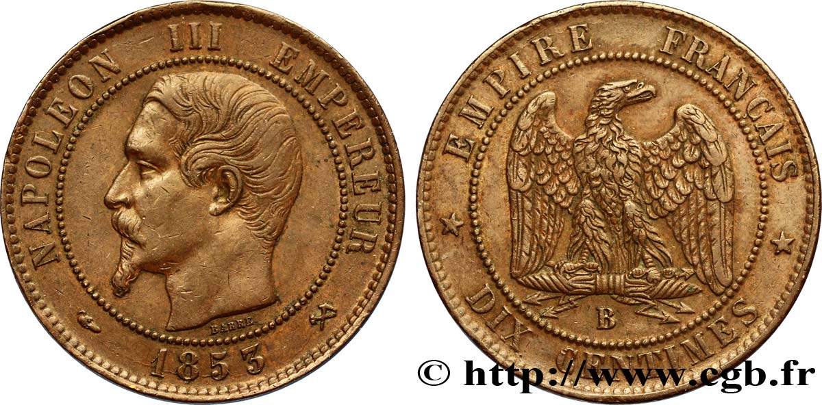 Dix centimes Napoléon III, tête nue 1853 Rouen F.133/3 TTB50