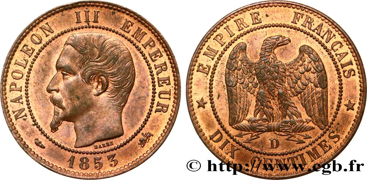 Dix centimes Napoléon III, tête nue 1853 Lyon F.133/5 AU58 