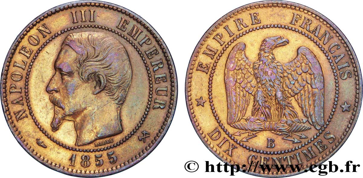 Dix centimes Napoléon III, tête nue 1855 Rouen F.133/21 XF48 