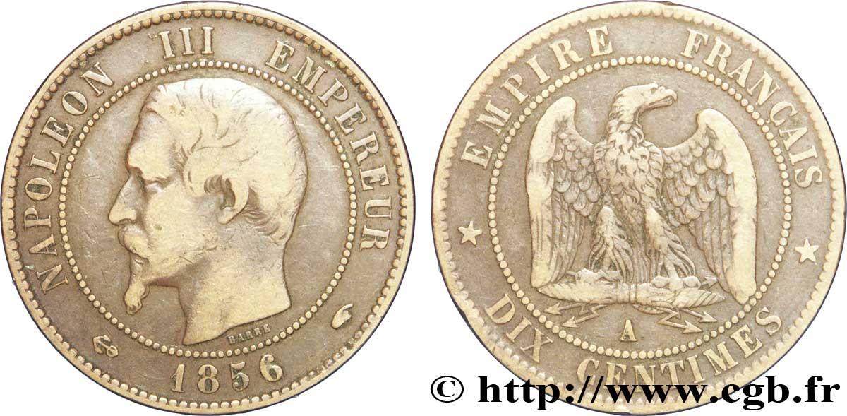 Dix centimes Napoléon III, tête nue 1856 Paris F.133/34 TB35 