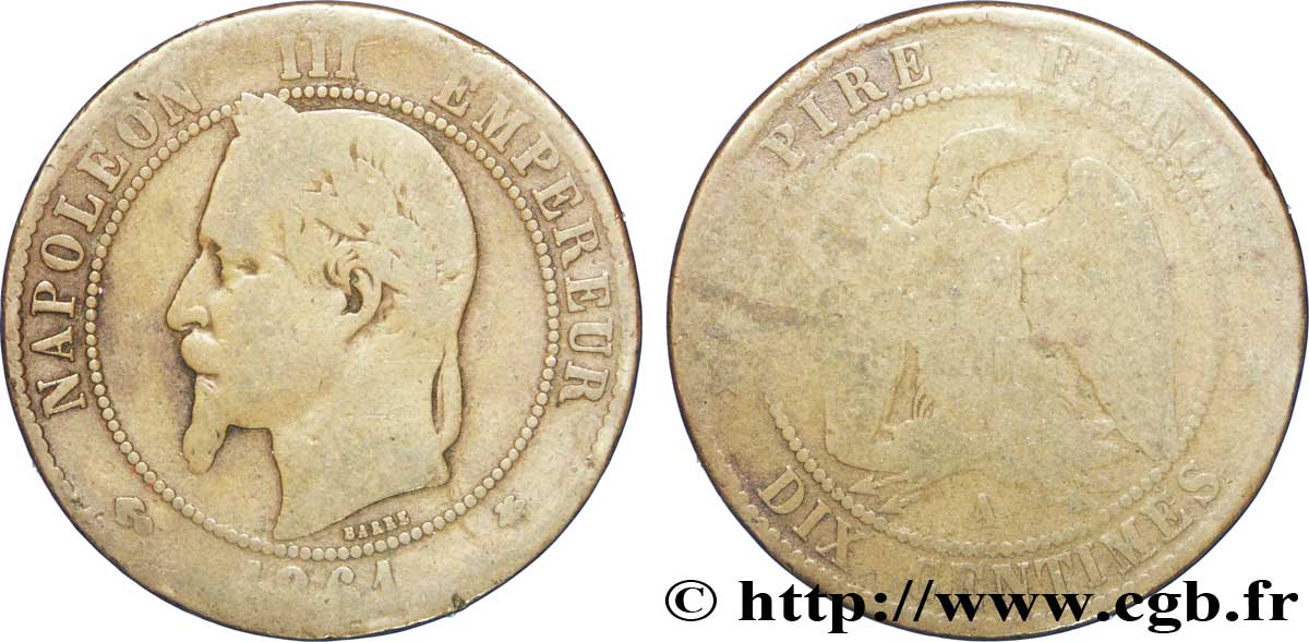Dix centimes Napoléon III, tête laurée 1861 Paris F.134/4 B6 